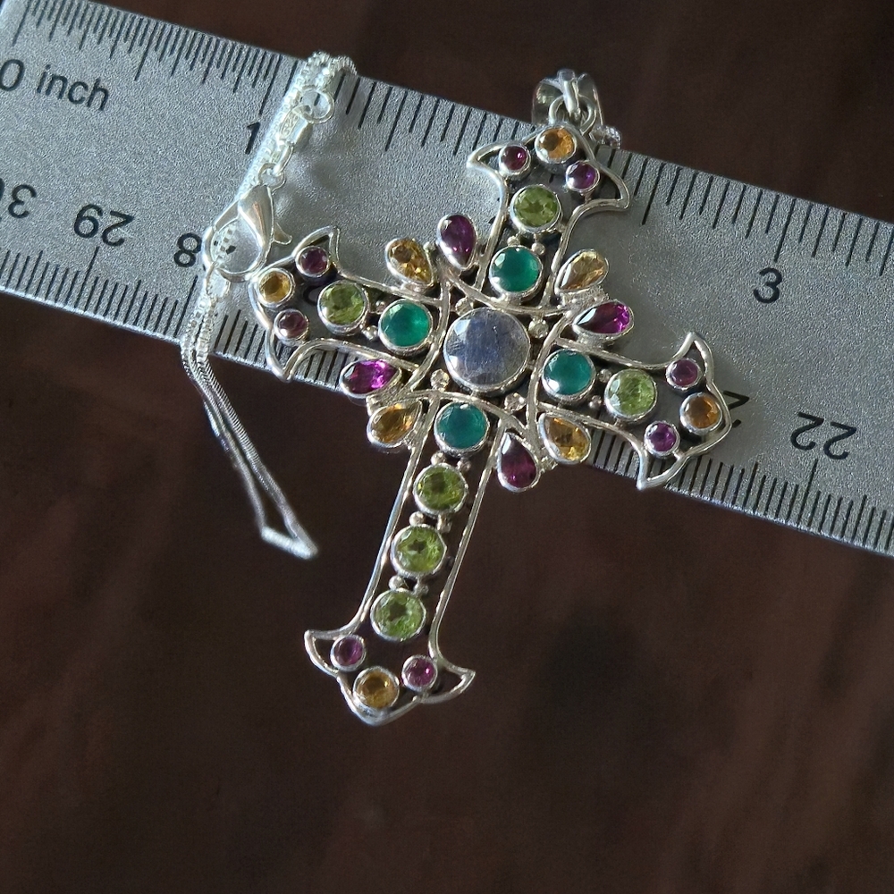 Nicky Butler 925 Sterling Silver Labradorite Cross Pendant Necklace Designer NB